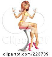 Royalty Free RF Clipart Illustration Of A Sexy Pinup Woman In A Bikini Sitting On A Stool And Holding Cocktails by AtStockIllustration