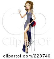 Poster, Art Print Of Sexy Brunette Woman In A Long Dress Holding A Cocktail And Sitting On A Stool