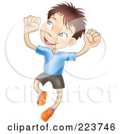 Poster, Art Print Of Happy Caucasian Boy Smiling And Jumping Into The Air