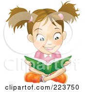 Poster, Art Print Of Happy Caucasian Girl Reading A Book And Sitting On The Floor