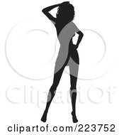 Royalty Free RF Clipart Illustration Of A Sexy Black Silhouetted Woman In Heels One Hand On Her Hip The Other On Her Head