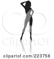 Royalty Free RF Clipart Illustration Of A Sexy Silhouetted Woman In Heels One Hand On Her Hip The Other On Her Head With A Reflection