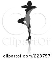 Royalty Free RF Clipart Illustration Of A Sexy Silhouetted Woman In Heels Lifting One Leg Her Hands By Her Face With A Reflection