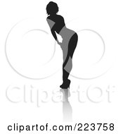 Royalty Free RF Clipart Illustration Of A Sexy Silhouetted Woman In Heels Bending Over With Her Hands On Her Knees With A Reflection