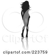 Royalty Free RF Clipart Illustration Of A Sexy Silhouetted Woman In Heels Tilting Her Knees Inward With A Reflection by KJ Pargeter