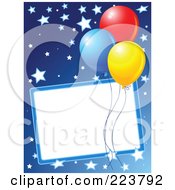 Poster, Art Print Of Birthday Party Background Of Colorful Balloons And Stars On Blue With A Blank Box