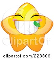 Royalty Free RF Clipart Illustration Of A Cute Yellow Star Character Smiling With A Leaf Stuck In Her Tooth by Pushkin