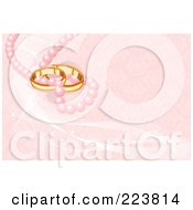 Royalty Free RF Clipart Illustration Of A Pink Wedding Background Of Golden Bands Pink Pearls Sparkles And White Mesh Waves by Pushkin