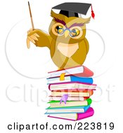Poster, Art Print Of Teacher Owl Holding A Pointer Stick On A Stack Of Books