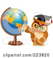 Poster, Art Print Of Teacher Owl Holding A Pointer Stick To A Globe