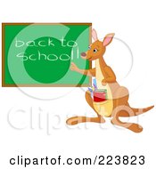 Poster, Art Print Of Cute Teacher Kangaroo With Books In Her Pouch Pointing To A Back To School Chalk Board