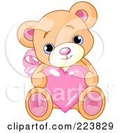 Poster, Art Print Of Cute Teddy Bear With Pink Ears And Feet Holding A Love Heart