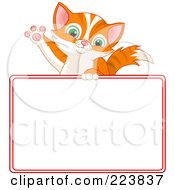 Poster, Art Print Of Cute Cat Waving Over A Blank Sign Bordered In Red