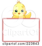 Poster, Art Print Of Cute Yellow Chick Waving Over A Blank White Sign Framed In Red