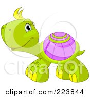 Poster, Art Print Of Cute Green Turtle With Yellow Hair And A Purple Shell