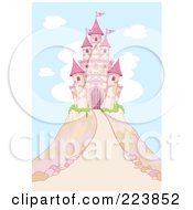 Poster, Art Print Of Pink Fairy Tale Castle Atop A Hill Against A Blue Sky And Clouds