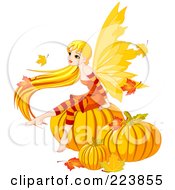 Poster, Art Print Of Female Fairy With Long Hair Sitting On Autumn Pumpkins