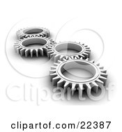 Clipart Illustration Of Four Chrome Cogs Lying Down Flat Spinning In Tandem