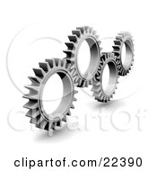 Poster, Art Print Of Four Slender Silver Cogs Spinning And Catching In The Rivets