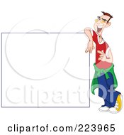 Royalty Free RF Clipart Illustration Of A Young Caucasian Man Gesturing And Leaning Against A Blank Sign Board