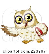 Poster, Art Print Of School Owl Gesturing With One Wing And Carrying A Book