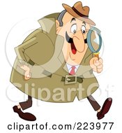Poster, Art Print Of Chubby Caucasian Detective Man Using A Magnifying Glass And Walking