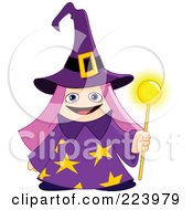 Poster, Art Print Of Cute Pink Haired Wizard Girl In A Purple Hat And Cloak Holding A Magic Wand