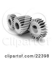 Clipart Illustration Of A Smaller Chrome Cog In The Rivets Of A Larger Gear Spinning With Another On The Other Side by KJ Pargeter