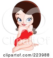 Poster, Art Print Of Sexy Brunette Pinup Woman Sitting On The Floor In A Red Dress