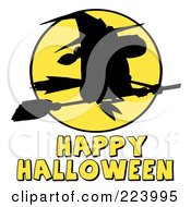 Poster, Art Print Of Happy Halloween Greeting Under A Silhouetted Flying Witch And Yellow Moon
