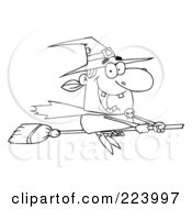 Royalty Free RF Clipart Illustration Of A Coloring Page Outline Of A Happy Witch Flying Fast On Her Broomstick