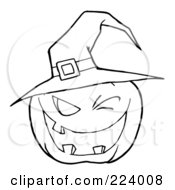 Royalty Free RF Clipart Illustration Of A Coloring Page Outline Of A Toothy Jackolantern Pumpkin Winking And Wearing A Witch Hat