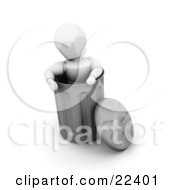 Clipart Illustration Of A White Character Standing Up Inside A Metal Trash Can Trying To Compact The Contents by KJ Pargeter