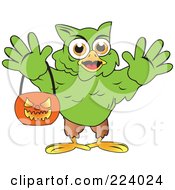 Poster, Art Print Of Green Halloween Hulk Owl Holding A Pumpkin Basket