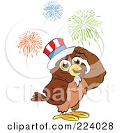 Poster, Art Print Of Brown Owl Wearing An American Hat And Standing Under Fireworks