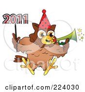 Brown Owl Wearing A Party Hat Blowing A Horn And Holding A 2011 New Year Stick