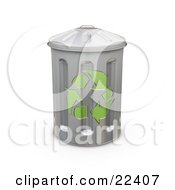 Tall Metal Recycle Trash Can With Green Arrows On The Side