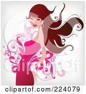 Royalty Free RF Clipart Illustration Of A Brunette Woman In A Pink Dress Over Flourishes