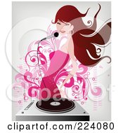 Poster, Art Print Of Brunette Woman In A Pink Dress Singing Over A Record Player