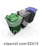 Poster, Art Print Of Row Of Closed Green Black And Blue Recycle And Trash Cans With Wheels