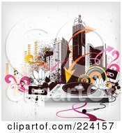 Royalty Free RF Clipart Illustration Of A City Skyline With Grunge Arrows Speakers Cassettes And A Record Player by OnFocusMedia