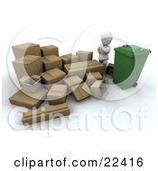 White Character Surrounded By Cardboard Boxes Wondering How Hes Going To Break Them Down And Fit Them All Into A Green Recycle Bin