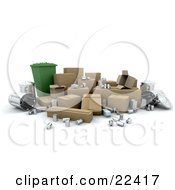 Poster, Art Print Of Recycle Bin Surrounded By Cardboard Boxes Tin Cans And Metal Trash Bins