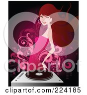 Royalty Free RF Clipart Illustration Of A Brunette Woman In A Pink Dress Dancing By A Record Player by OnFocusMedia