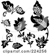 Royalty Free RF Clipart Illustration Of A Digital Collage Of Black And White Foliage Designs 2