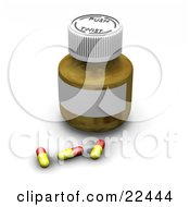 Clipart Illustration Of Three Red And Yellow Prescription Capsul Drugs In Front Of A Pill Bottle With A Safety Cap