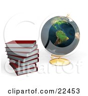 Poster, Art Print Of Red School Library Books Stacked Beside A Globe