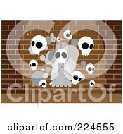 Poster, Art Print Of Hanging Skull Ghost And Other Skulls Against A Brick Wall