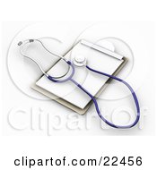 Clipart Illustration Of A Blue And Silver Veterinarian Or Doctor Stethoscope On Top Of Blank Pages On A Clipboard