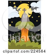 Royalty Free RF Clipart Illustration Of A Headstone On A Tree Against A Full Moon Above A Cemetery